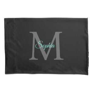 Nom sarcelle et grand monogramme gris, taie d'orei