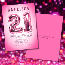 Nombre Ballons 21e Invitation d'anniversaire rose