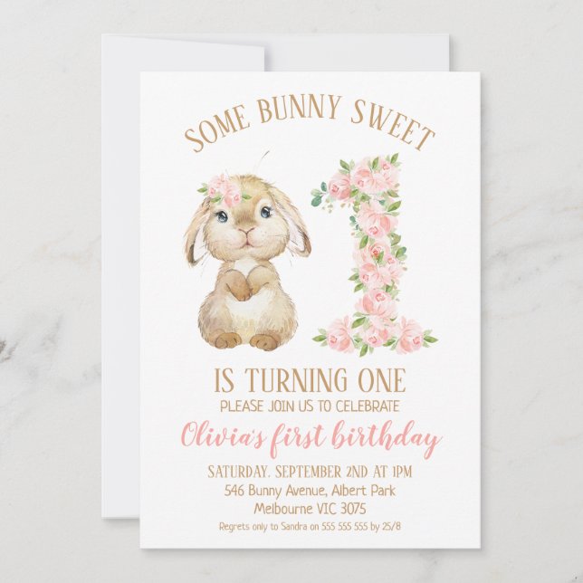 Nombre Floral Lapin Lapin 1er Invitation Anniversa (Devant)