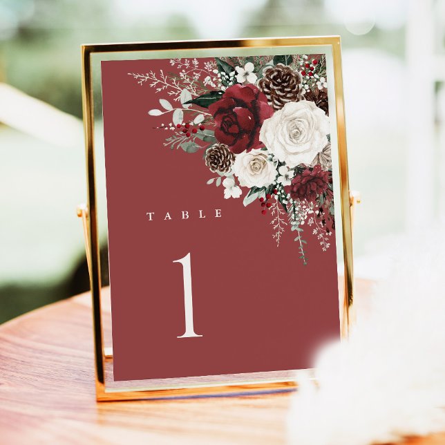 Nombres de tables de mariage en Bourgogne, Fleurs  (Burgundy winter floral wedding table numbers card, elegant holiday table number reception decor)