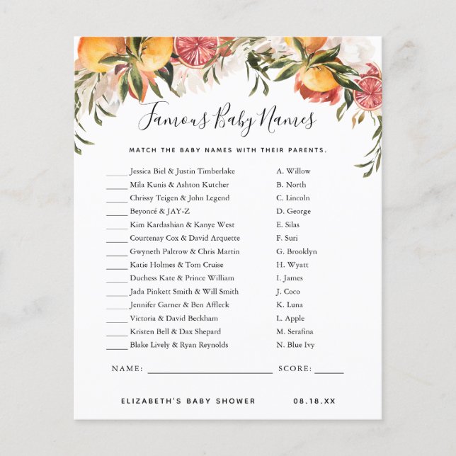 Noms de bébés célèbres | Jeu Baby shower (Devant)