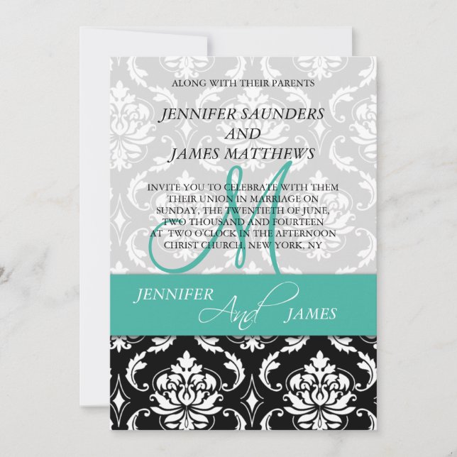 Noms de monogrammes turquoise Damask Faire-part de (Devant)
