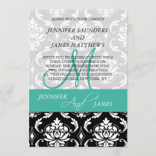 Noms de monogrammes turquoise Damask Faire-part de