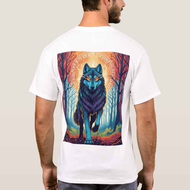 Nordic Spirit Wolf T-Shirt with Runes and Forest  (Dos)