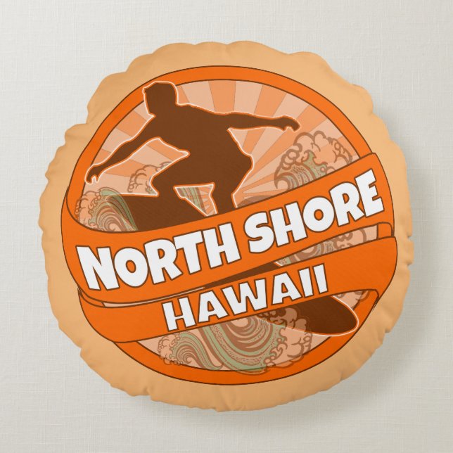 North Shore Hawaii orange surfer logo coussin rond (Devant)