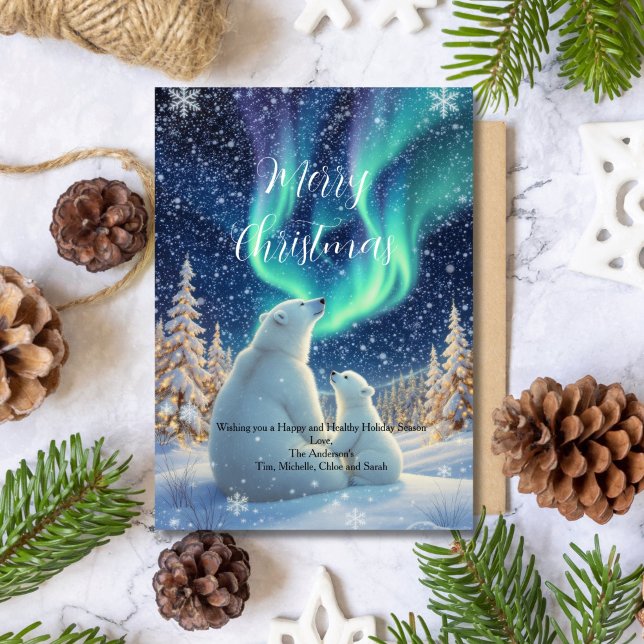Northern Lights Polar Ours Carte de Noël (Northern Lights Polar Bears Winter Holiday Christmas Greeting Card. Printed or Digital Download)