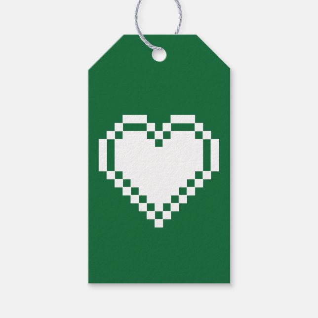 Nos cœurs 8 bits en étiquette de cadeau verte (Devant)
