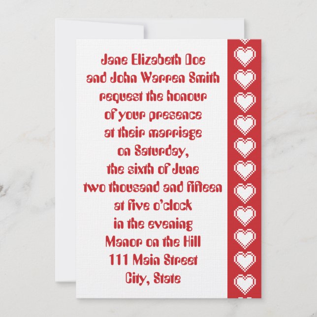 Nos Coeurs 8 bits en Faire-part de mariage cerise (Devant)