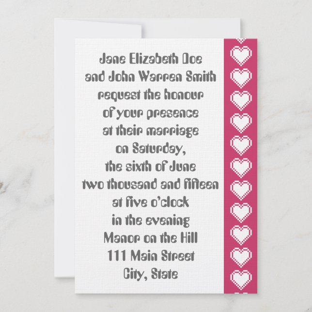 Nos Coeurs 8 bits en Faire-part de mariage framboi (Devant)