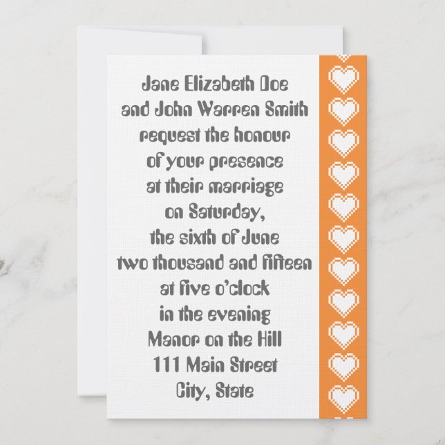 Nos Coeurs 8 bits en Faire-part de mariage orange (Devant)