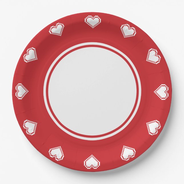 Nos cœurs 8 bits sur assiette en papier cerise (Devant)