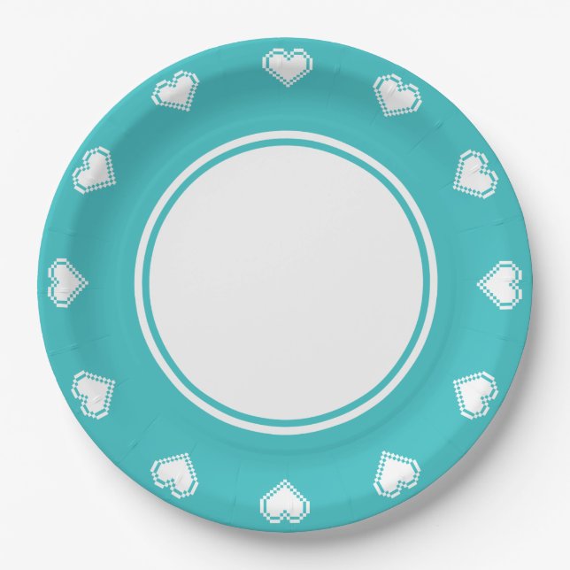 Nos cœurs 8 bits sur assiette en papier turquoise (Devant)