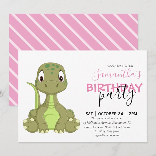 Nos Invitations De Dinosaures Roses (Devant / Derrière)