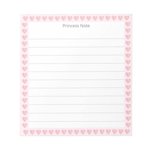 Note de princesse et cœurs roses sur un bloc-notes (Devant)