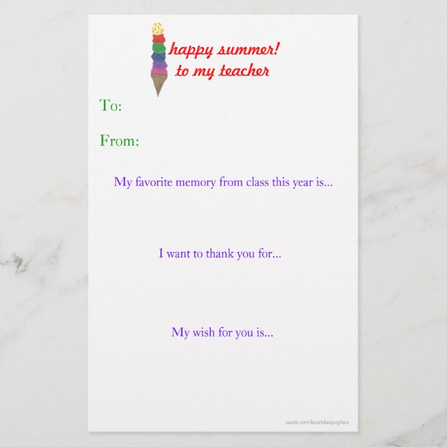 Note de remerciement du professeur de fin d'année (Devant)