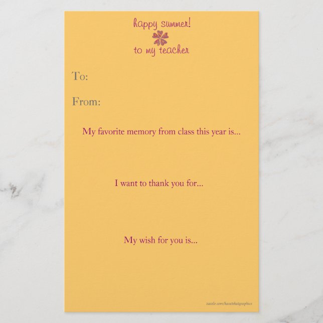 Note de remerciement du professeur de fin d'année (Devant)