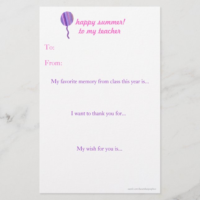 Note de remerciement du professeur de fin d'année (Devant)