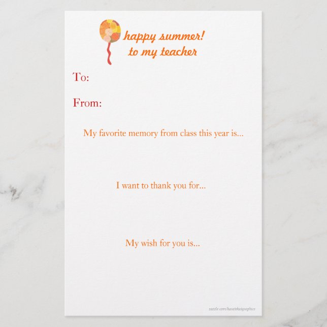 Note de remerciement du professeur de fin d'année (Devant)