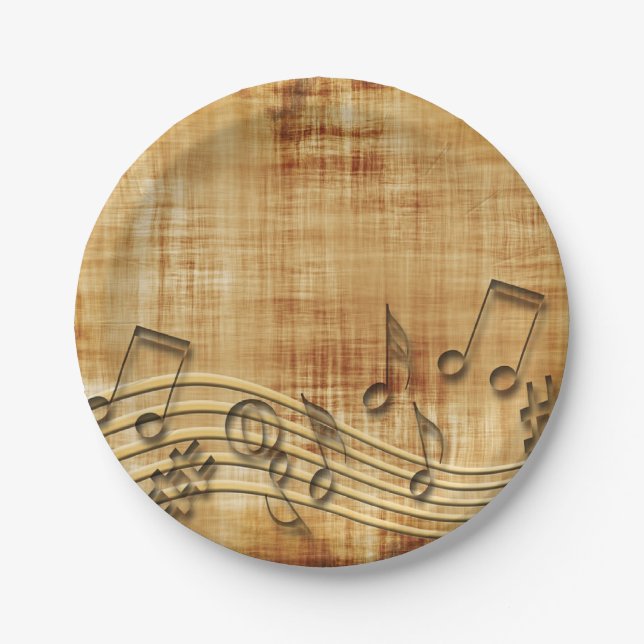 Notes de musique, assiette en papier marron abstra (Devant)