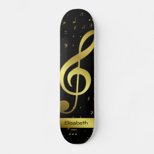 notes de musique d'or en skateboard noir