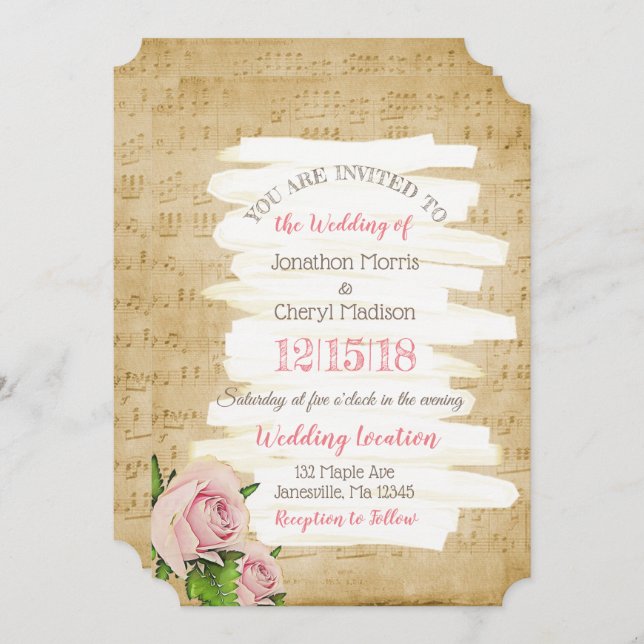 Notes de musique et roses roses roses Faire-part d (Devant / Derrière)