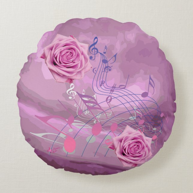 Notes de musique rose doux et Coussin rond Rose (Devant)