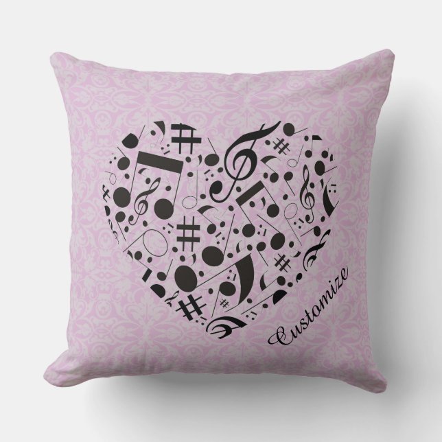 Notes de musique rose et noire Oreiller de coeur (Recto)