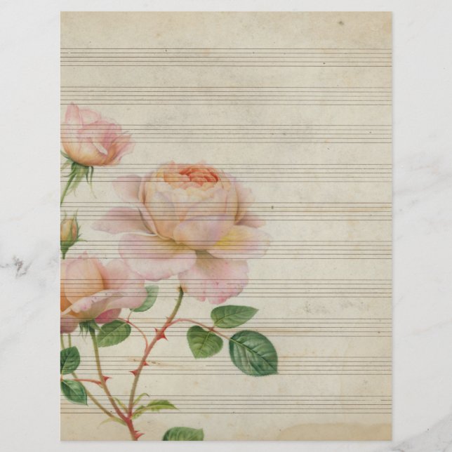Notes de musique sépia vintage avec rose rose (Devant)