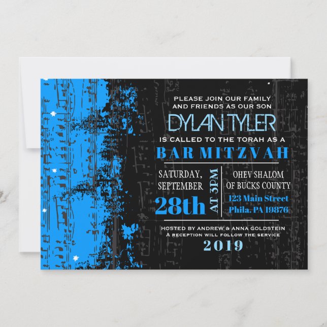 Notes de musique Stars Bar Mitzvah Invitation bleu (Devant)