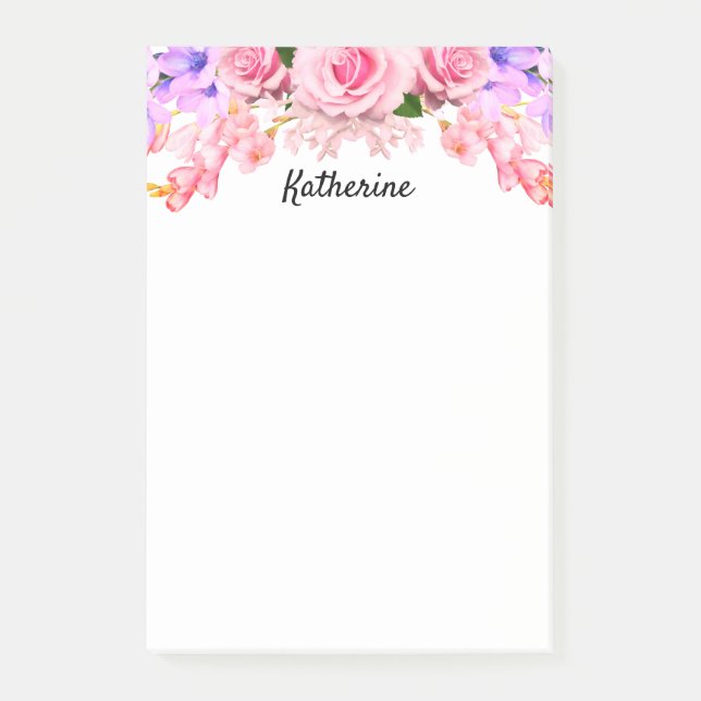 Notes de post-it florales de rose personnalisée (Devant)