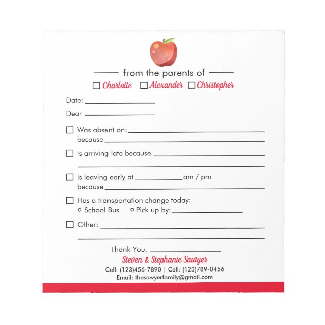 Notes d'excuses de l'élève pour le Bloc-notes de l (Devant)