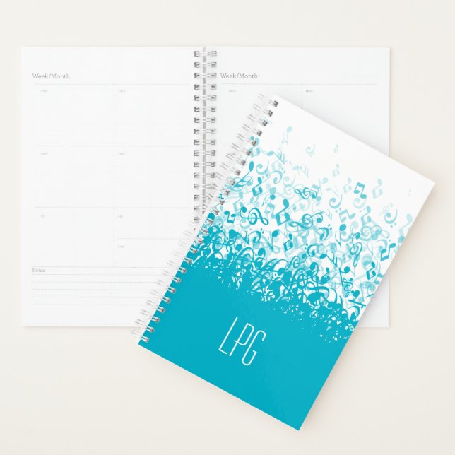 Notes musicales de pluie de monogramme Aqua (Devant avec enveloppe)