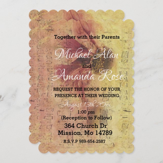 Notes musicales et Faire-part de mariage de margue (Devant / Derrière)