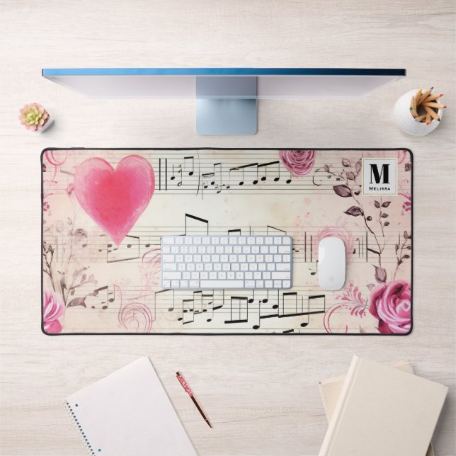 Notes musicales et Rose Vintage Design Monogramme (Bureau 1)