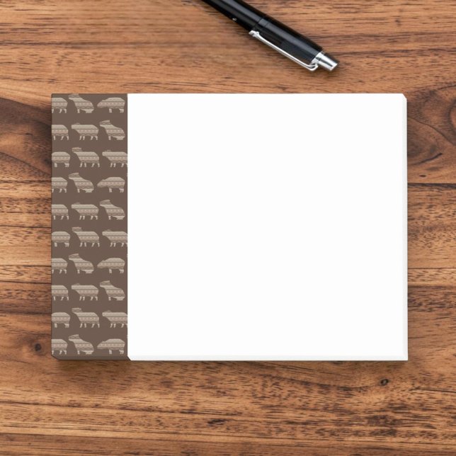 Notes Post-It motif capybara (A notepad with a side bar border of graphic capybara silhouettes and geometric shapes in brown.)