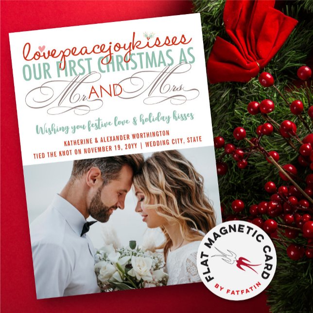 Notre 1er Noël En Tant Que Carte Magnétique Photo  (Love Peace Joy Kisses Our First Christmas As Mr And Mrs First Photo Magnetic Holiday Card)