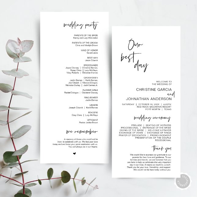 Notre meilleur jour, Programme de Mariage minimali (Our best day, Modern Minimalist Wedding Program Card, with ceremony order and wedding party.)