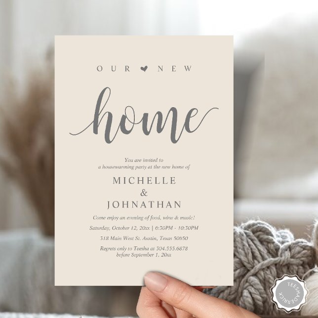 Notre nouvelle maison, Cartes d'invitation pour la (Our new home, Housewarming party invitation card, first house invites, in Cream grey)