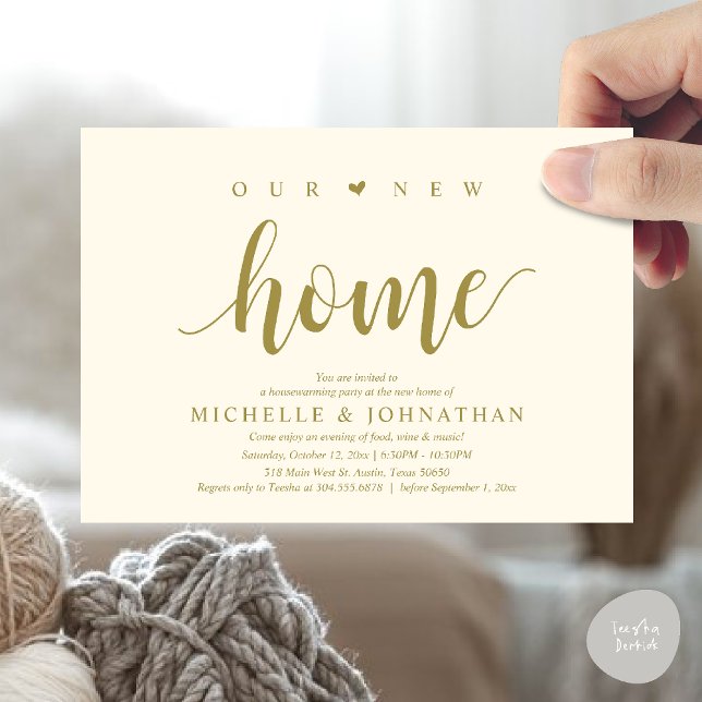 Notre nouvelle maison, Cartes d'invitation pour la (Our new home, Housewarming party invitation card, first house invites, in Yellow gold)