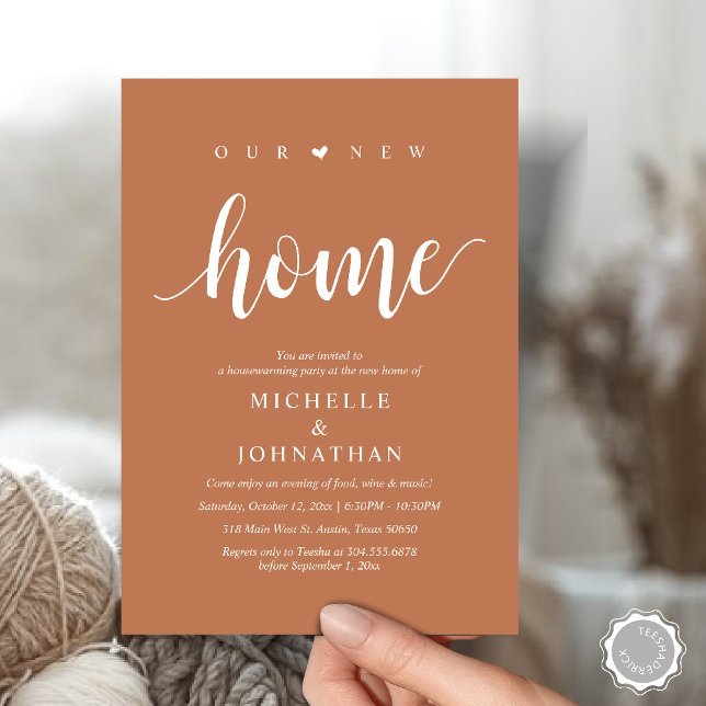 Notre nouvelle maison, Cartes d'invitation pour la (Our new home, Housewarming party invitation card, first house invites, in terracotta copper brown)