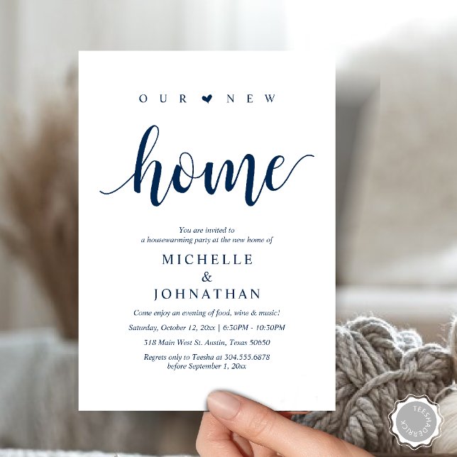 Notre nouvelle maison, Cartes d'invitation pour la (Our new home, Housewarming party invitation card, first house invites, in navy blue)