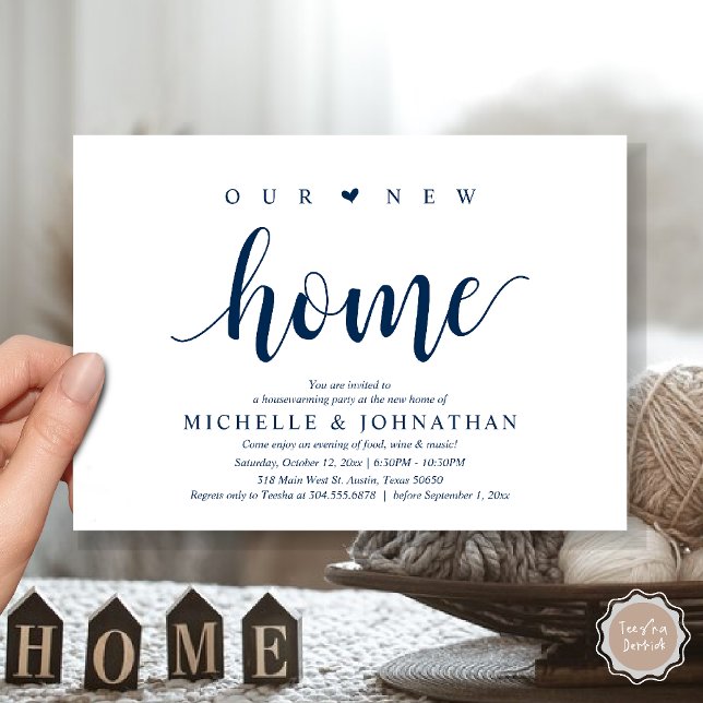 Notre nouvelle maison, Cartes d'invitation pour la (Our new home, Housewarming party invitation card, first house invites, in navy blue)
