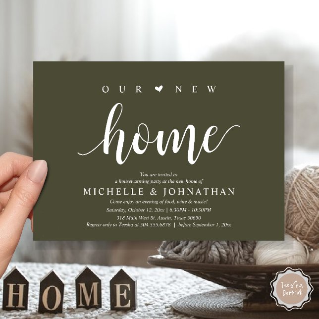 Notre nouvelle maison, Cartes d'invitation pour la (Our new home, Housewarming party invitation card, first house invites, in olive green)
