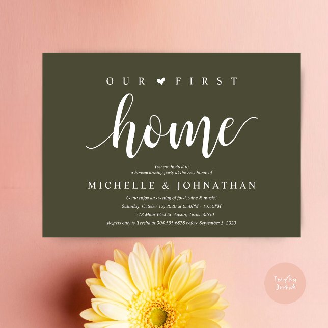 Notre nouvelle maison, Cartes d'invitation pour la (Our First Home, Housewarming party invitation card, PDF, Modern Rustic, New Home, in Olive Green)