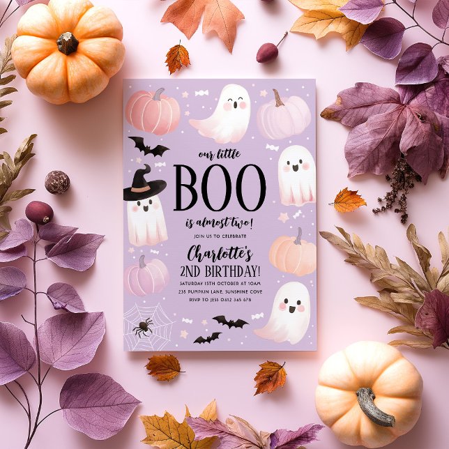 Notre petit Boo 2e Invitation Anniversaire Hallowe (Our Little Boo is turning 2! Halloween themed birthday party invitation in pastel purple and pinks)