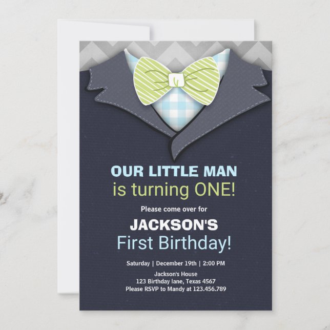 Notre Petit Homme Invitation Anniversaire Bow Crav (Devant)