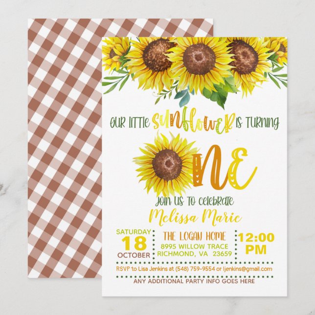 Notre petit Tournesol fête son PREMIER Invitation (Devant / Derrière)
