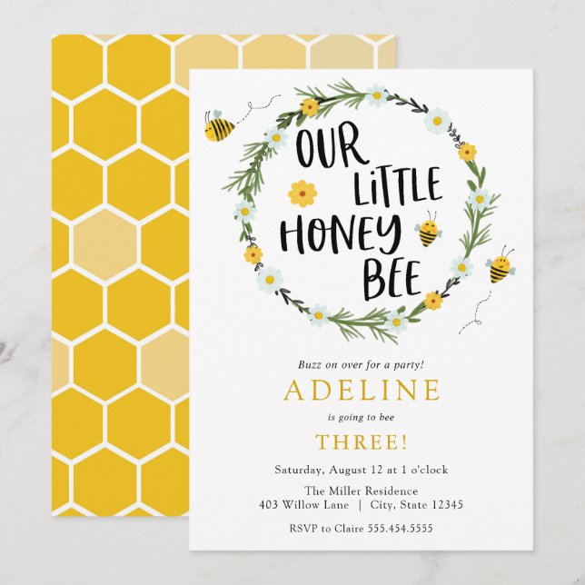 Notre petite invitation d'anniversaire d'abeilles (Devant / Derrière)