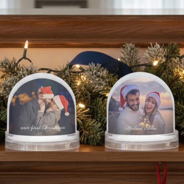 Notre premier Noël 2 Photo Snow Globe (2-photo Our First Christmas snowglobe for newlywed couples, with custom text and custom names)