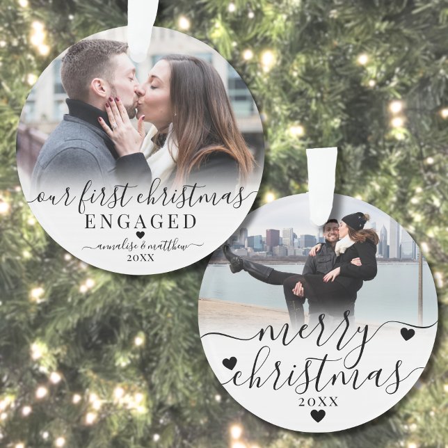 Notre Premier Noël de Fiancés 2 Photo (Our First Christmas Engaged Couple 2 Photo Ornament)